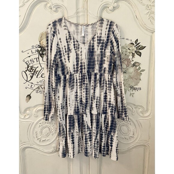 Paisley Grace Dress Tunic Navy White Tie Dye Tiered V Neck Long Sleeves, Size M - Picture 1 of 14